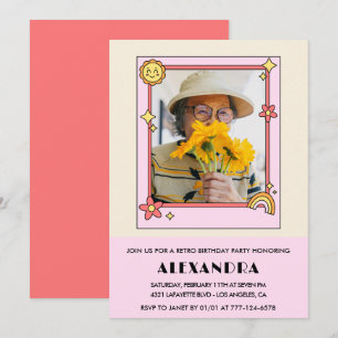 Pink Retro 70s Groovy Photo 91st birthday Invitation