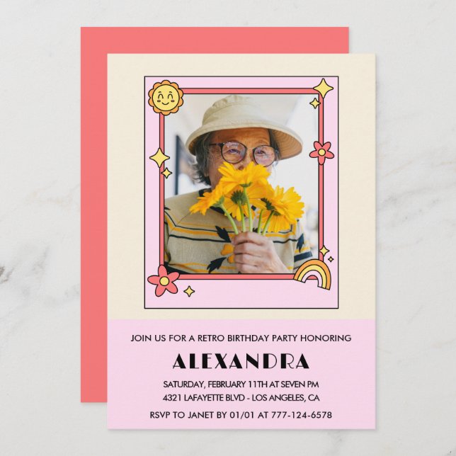  Pink Retro 70s Groovy Photo 98th birthday Invitation (Front/Back)