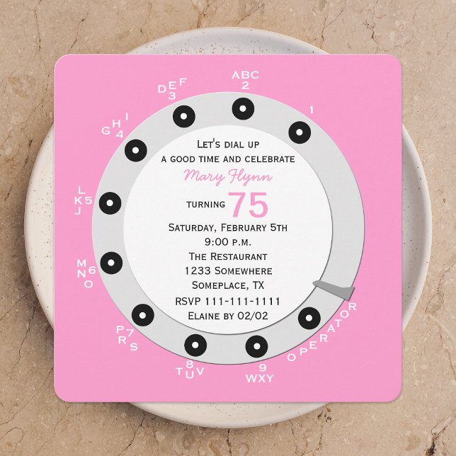 Pink Retro 75th Birthday Party Invitation Rotary (Creator Uploaded)
