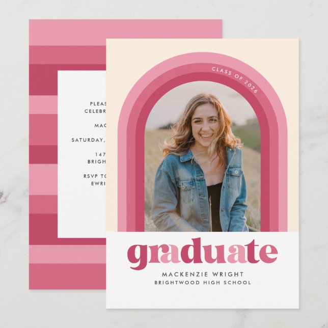 Pink Retro Arch Graduation Announcement (Front/Back)