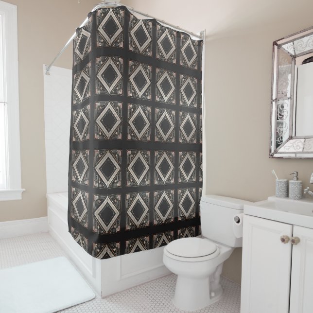 Pink Retro Art Deco Shower Curtain (In Situ)