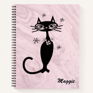 Pink Retro Atomic Cat Personalised Spiral Notebook