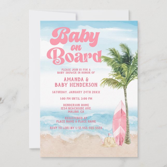 Pink Retro Baby On Board Surf Baby Shower Invitation (Front)