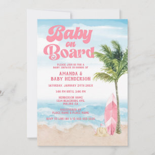 Pink Retro Baby On Board Surf Baby Shower Invitation