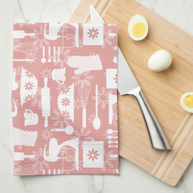 Pink Retro Baking  Tea Towel (Quarter Fold)