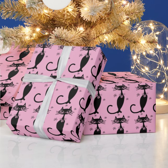 PINK RETRO BLACK CAT BIRTHDAY WRAPPING PAPER (Holidays)