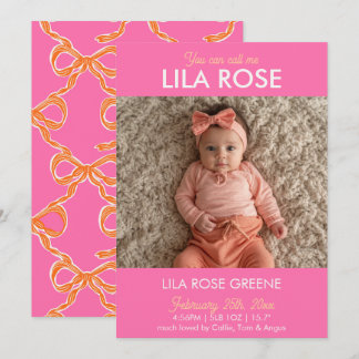Pink Retro Bow Photo Birth Announcement Card