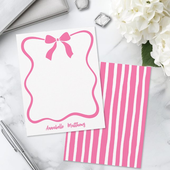 Pink Retro Bow Wavy Border Personalised Card (Pink Retro Bow Wavy Border Personalized Note Card)