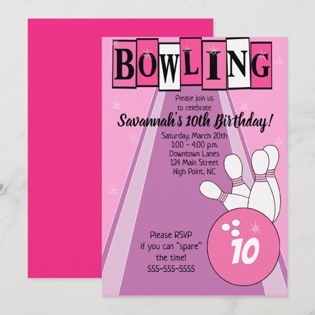 Pink Retro Bowling Any Age Birthday Invite (Front/Back)