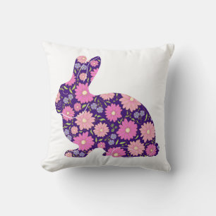 Pink Retro bunny rabbit and flowers Cushion