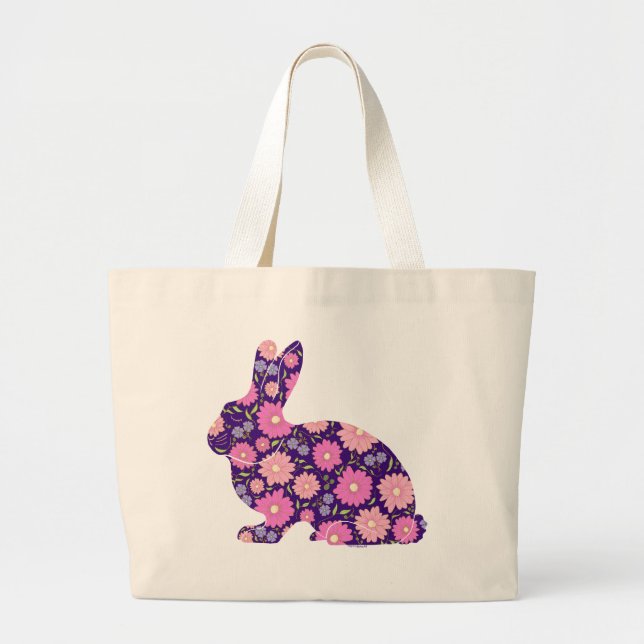 Pink Retro bunny rabbit and flowers Large Tote Bag (Front)
