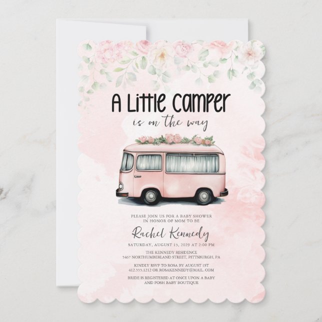 Pink Retro Camper A Little Camper Baby Shower  Invitation (Front)