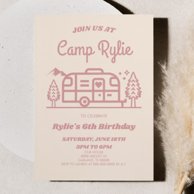 Pink Retro Camper Camp Out Camping Birthday Party Invitation (Creator Uploaded)