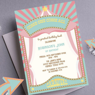 Pink Retro Carnival birthday invitations