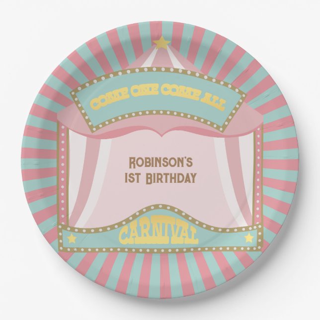 Pink Retro Carnival birthday invitations Paper Plate (Front)