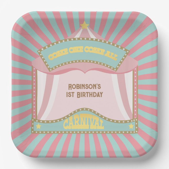Pink Retro Carnival birthday invitations Paper Plate (Front)