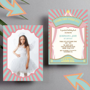Pink Retro Carnival birthday Photo invitations
