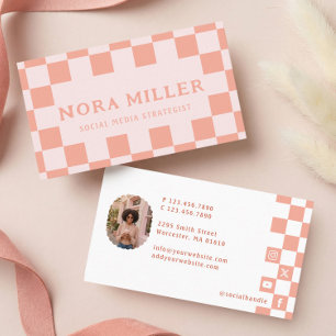 Pink Retro Checkered Pattern Content Creator Photo Business Card