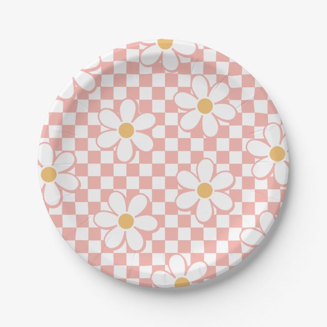 Pink Retro Chequered Daisy birthday Paper Plates (Front)