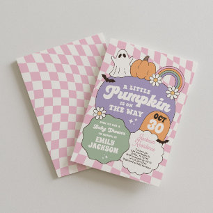 Pink Retro Chequered Little Pumpkin Baby Shower Invitation