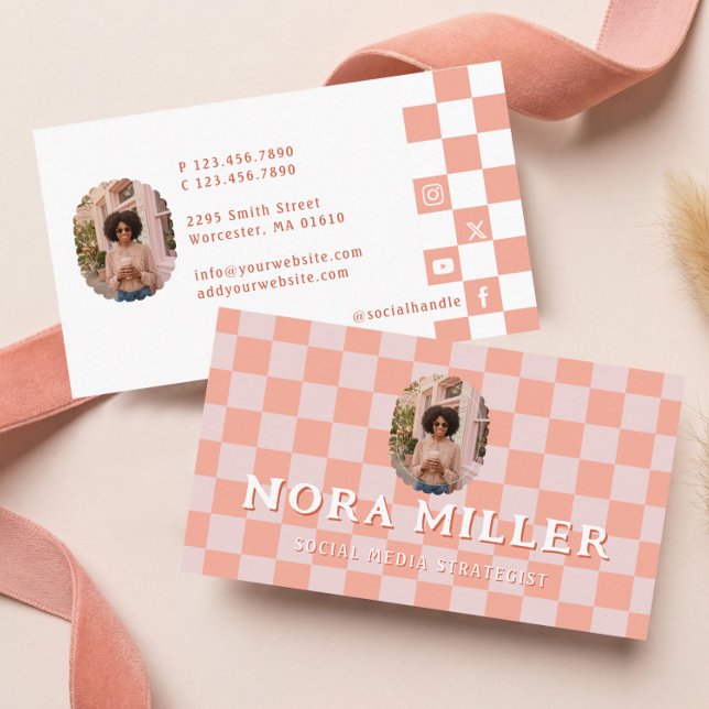 Pink Retro Chequered Pattern Content Creator Photo Business Card ( Pink Checkered Pattern Photo Content Creator Photo Business Card)