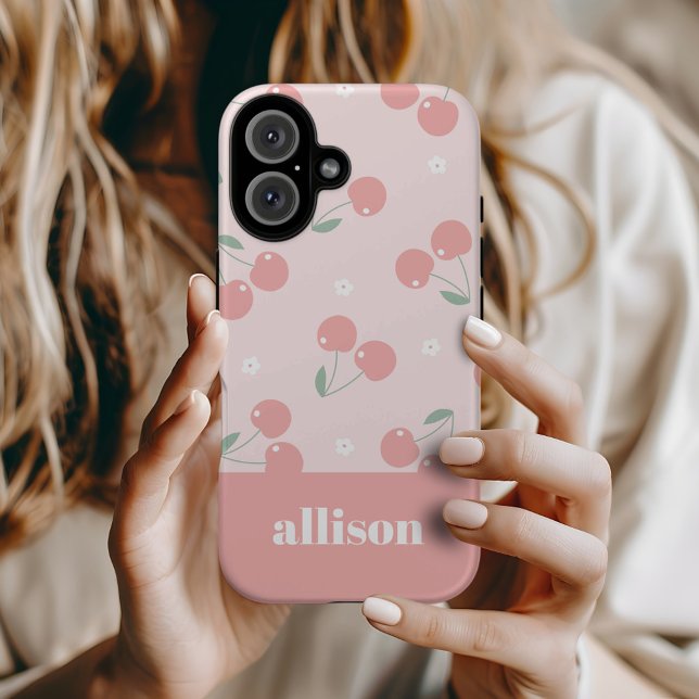 Pink Retro Cherries Custom Name Monogram iPhone 16 Case (Creator Uploaded)