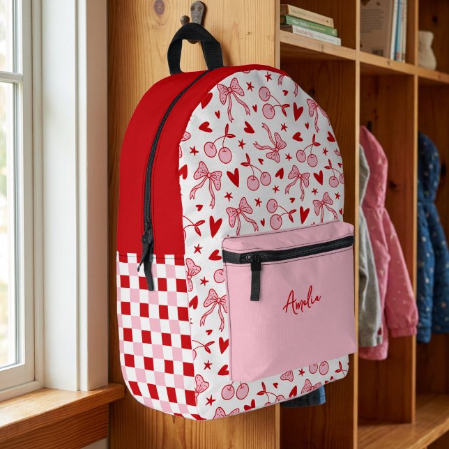 Pink Retro Cherry & Bows Chequerboard with Name Printed Backpack (Personalized Backpack with coquette cherries & bow and pink & red checkerboard pattern.)