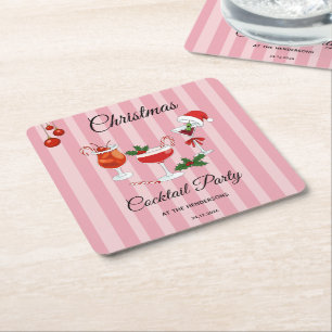 Pink Retro Christmas Cocktail Party  Square Paper Coaster