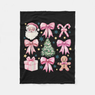 Pink Retro Christmas Coquette Bow Xmas Tree Santa Fleece Blanket