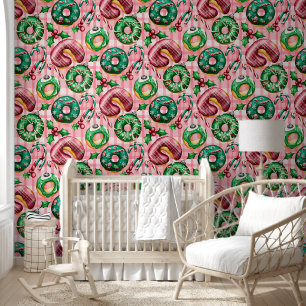 Pink Retro Christmas Doughnuts Pink Tartan Plaid Wallpaper