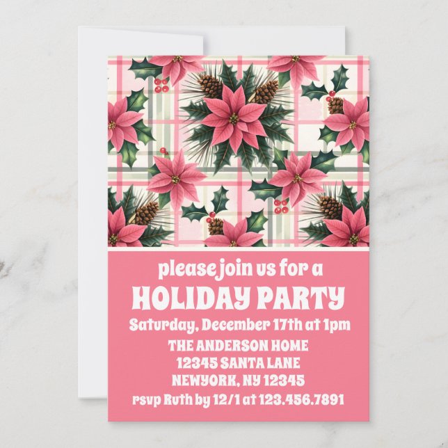 Pink Retro Christmas Floral Plaid Merry Christmas  Invitation (Front)