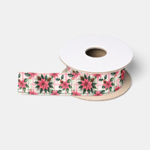 Pink Retro Christmas Floral Plaid Merry Christmas Satin Ribbon