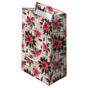 Pink Retro Christmas Floral Plaid Merry Christmas Small Gift Bag