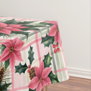 Pink Retro Christmas Floral Plaid Merry Christmas Tablecloth