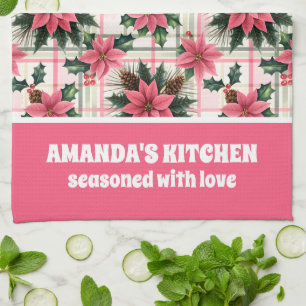 Pink Retro Christmas Floral Plaid Merry Christmas Tea Towel
