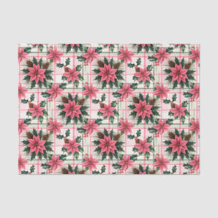 Pink Retro Christmas Floral Plaid Merry Christmas Tissue Paper