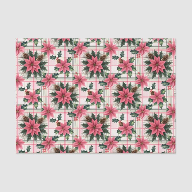 Pink Retro Christmas Floral Plaid Merry Christmas Tissue Paper (Front)