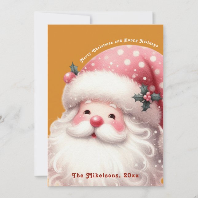 Pink Retro Christmas Santa Claus Holiday Card (Front)