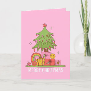 Pink Retro Christmas Tree Holiday Card