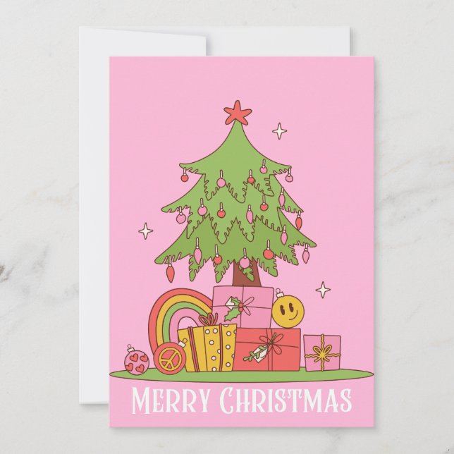 Pink Retro Christmas Tree  Holiday Card (Front)