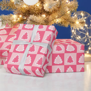 Pink Retro Christmas Tree Pink Tartan Plaid Wrapping Paper
