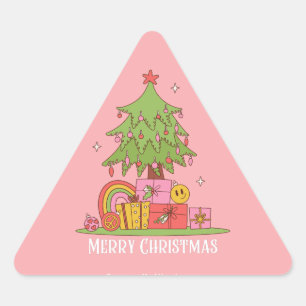 Pink Retro Christmas Tree Triangle Sticker