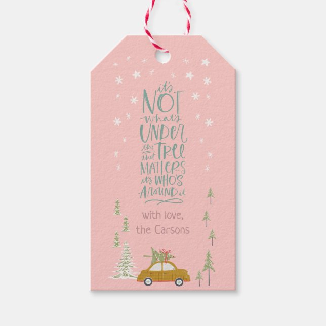 Pink Retro Christmas Woodland Personalise Gift Tag (Front)