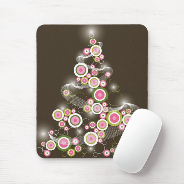 Pink Retro Circles Chic Sparkling Christmas Tree Mouse Mat (With Mouse)
