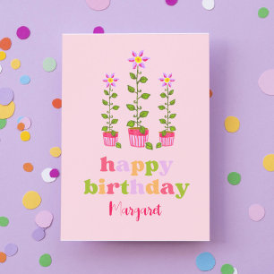 Pink Retro Colourful Floral Personalised Birthday Card