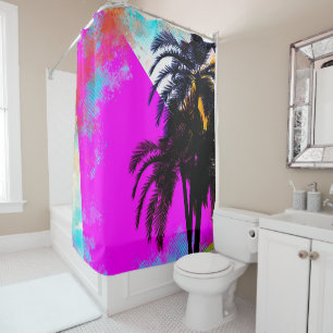 Pink Retro Colourful Summertime Beach Palm Trees Shower Curtain