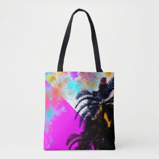 Pink Retro Colourful Summertime Beach Palm Trees Tote Bag (Front)