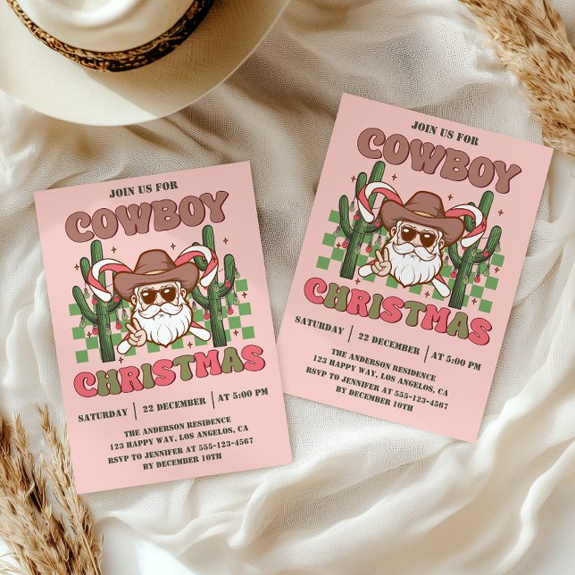 Pink Retro Cowboy Christmas Party Invitation (Creator Uploaded)