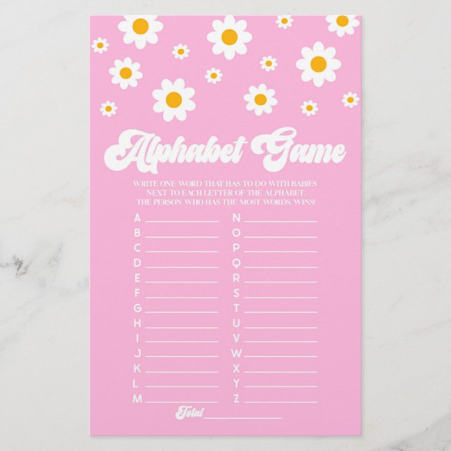 Pink Retro Daisy Alphabet Baby Shower Game Stationery (Front)