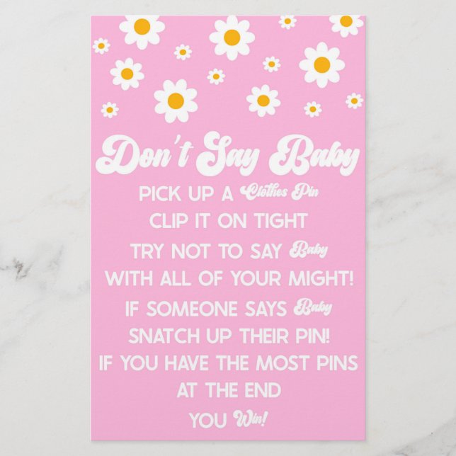 Pink Retro Daisy Don't Say Baby Shower Game Stationery (Front)
